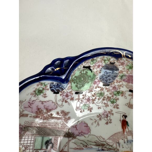 Japanese Antique China Cobalt Trim Geisha Floral Structure 1921-1941 - Picture 7 of 12